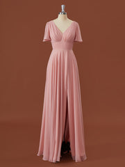 A-line Short Sleeves Chiffon V-neck Pleated Floor-Length Corset Bridesmaid Dress outfit, Formal Dress For Graduation