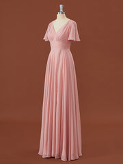 A-line Short Sleeves Chiffon V-neck Pleated Floor-Length Corset Bridesmaid Dress outfit, Formal Dresses Floral