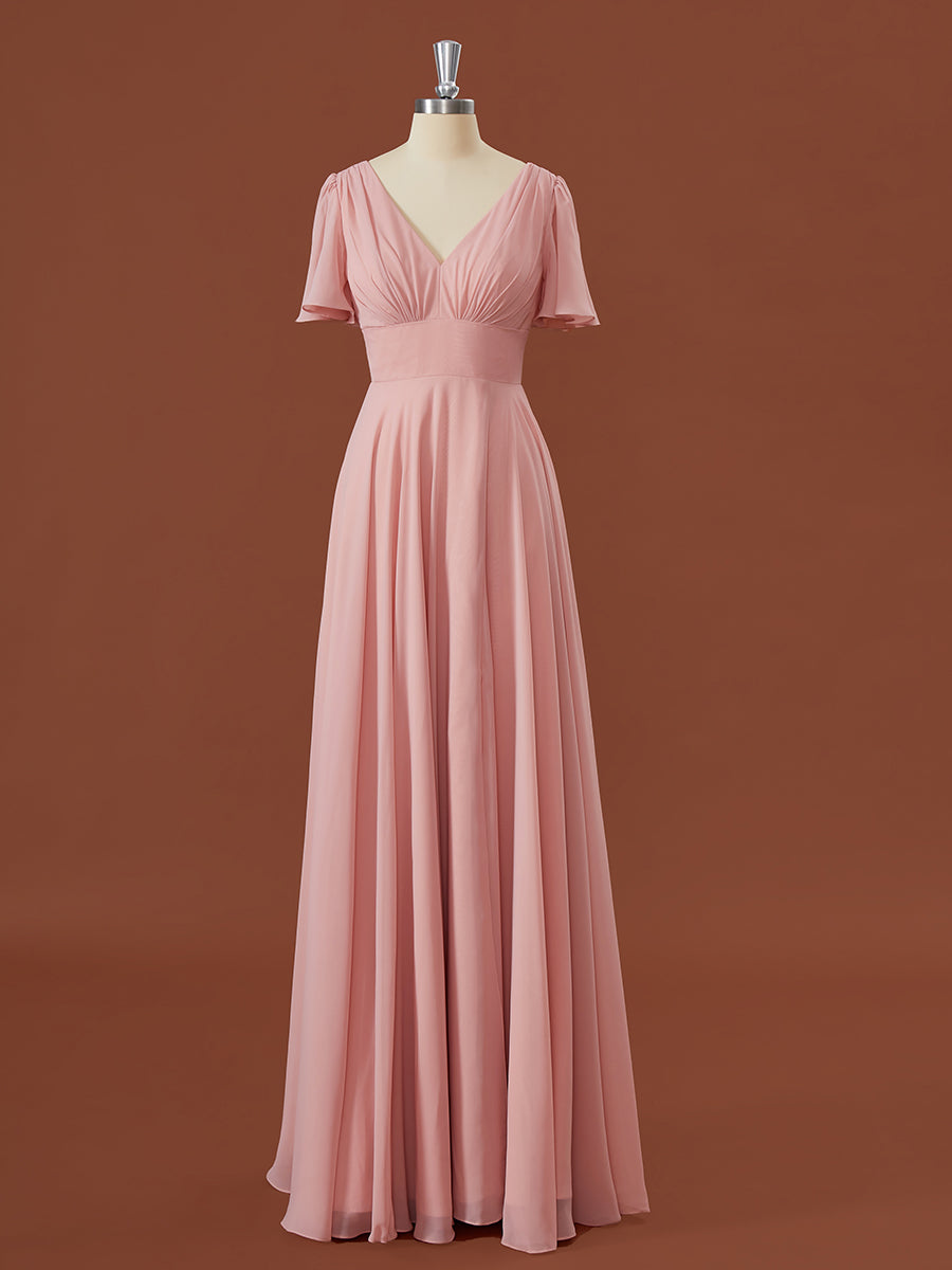 A-line Short Sleeves Chiffon V-neck Pleated Floor-Length Corset Bridesmaid Dress outfit, Formal Dresses For Teen