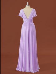 A-line Short Sleeves Chiffon V-neck Pleated Floor-Length Corset Bridesmaid Dress outfit, Formal Dress Long Gowns