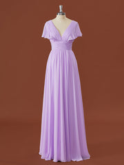 A-line Short Sleeves Chiffon V-neck Pleated Floor-Length Corset Bridesmaid Dress outfit, Formal Dresses Long Gowns