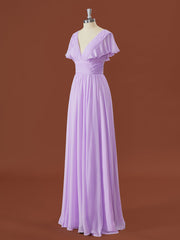 A-line Short Sleeves Chiffon V-neck Pleated Floor-Length Corset Bridesmaid Dress outfit, Formal Dress Boutiques Near Me