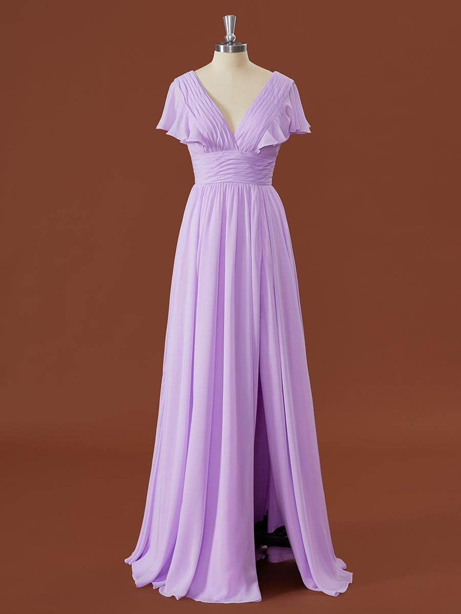 A-line Short Sleeves Chiffon V-neck Pleated Floor-Length Corset Bridesmaid Dress outfit, Formal Dress Long Gown