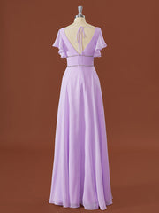 A-line Short Sleeves Chiffon V-neck Pleated Floor-Length Corset Bridesmaid Dress outfit, Formal Dress Shop Near Me
