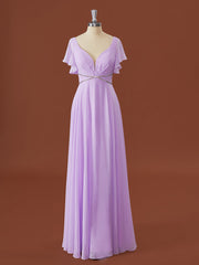 A-line Short Sleeves Chiffon V-neck Pleated Floor-Length Corset Bridesmaid Dress outfit, Formal Dress Shops Near Me