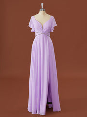 A-line Short Sleeves Chiffon V-neck Pleated Floor-Length Corset Bridesmaid Dress outfit, Formal Dresses Near Me