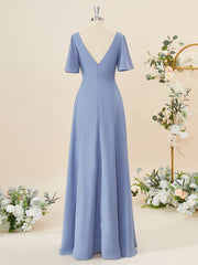 A-line Short Sleeves Chiffon V-neck Pleated Floor-Length Corset Bridesmaid Dress outfit, Semi Formal
