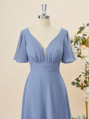 A-line Short Sleeves Chiffon V-neck Pleated Floor-Length Corset Bridesmaid Dress outfit, Party Fitness
