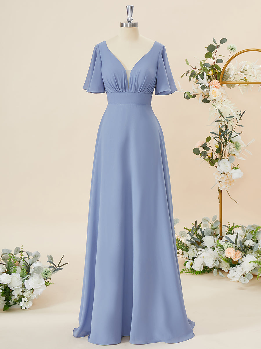 A-line Short Sleeves Chiffon V-neck Pleated Floor-Length Corset Bridesmaid Dress outfit, Bow Dress
