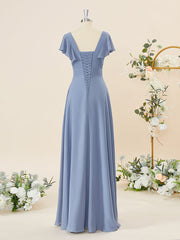 A-line Short Sleeves Chiffon V-neck Ruffles Floor-Length Corset Bridesmaid Dress outfit, Casual Gown