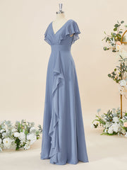 A-line Short Sleeves Chiffon V-neck Ruffles Floor-Length Corset Bridesmaid Dress outfit, Red Gown