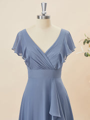 A-line Short Sleeves Chiffon V-neck Ruffles Floor-Length Corset Bridesmaid Dress outfit, Bridesmaid Gown