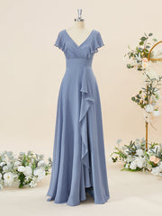 A-line Short Sleeves Chiffon V-neck Ruffles Floor-Length Corset Bridesmaid Dress outfit, Couture Gown