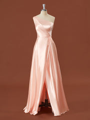 A-line Silk Like Satin One-Shoulder Pleated Floor-Length Corset Bridesmaid Dress outfit, Formal Dresses Long Elegant