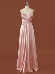 A-line Silk Like Satin V-neck Pleated Floor-Length Corset Bridesmaid Dress outfit, Formal Dresses Summer