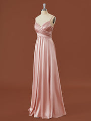A-line Silk Like Satin V-neck Pleated Floor-Length Corset Bridesmaid Dress outfit, Formal Dresses For Woman