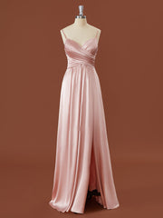A-line Silk Like Satin V-neck Pleated Floor-Length Corset Bridesmaid Dress outfit, Formal Dresses With Sleeves