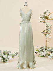 A-line Silk Like Satin V-neck Ruffles Asymmetrical Corset Bridesmaid Dress outfit, Fairy Dress
