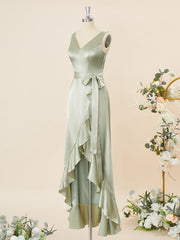 A-line Silk Like Satin V-neck Ruffles Asymmetrical Corset Bridesmaid Dress outfit, Yellow Dress