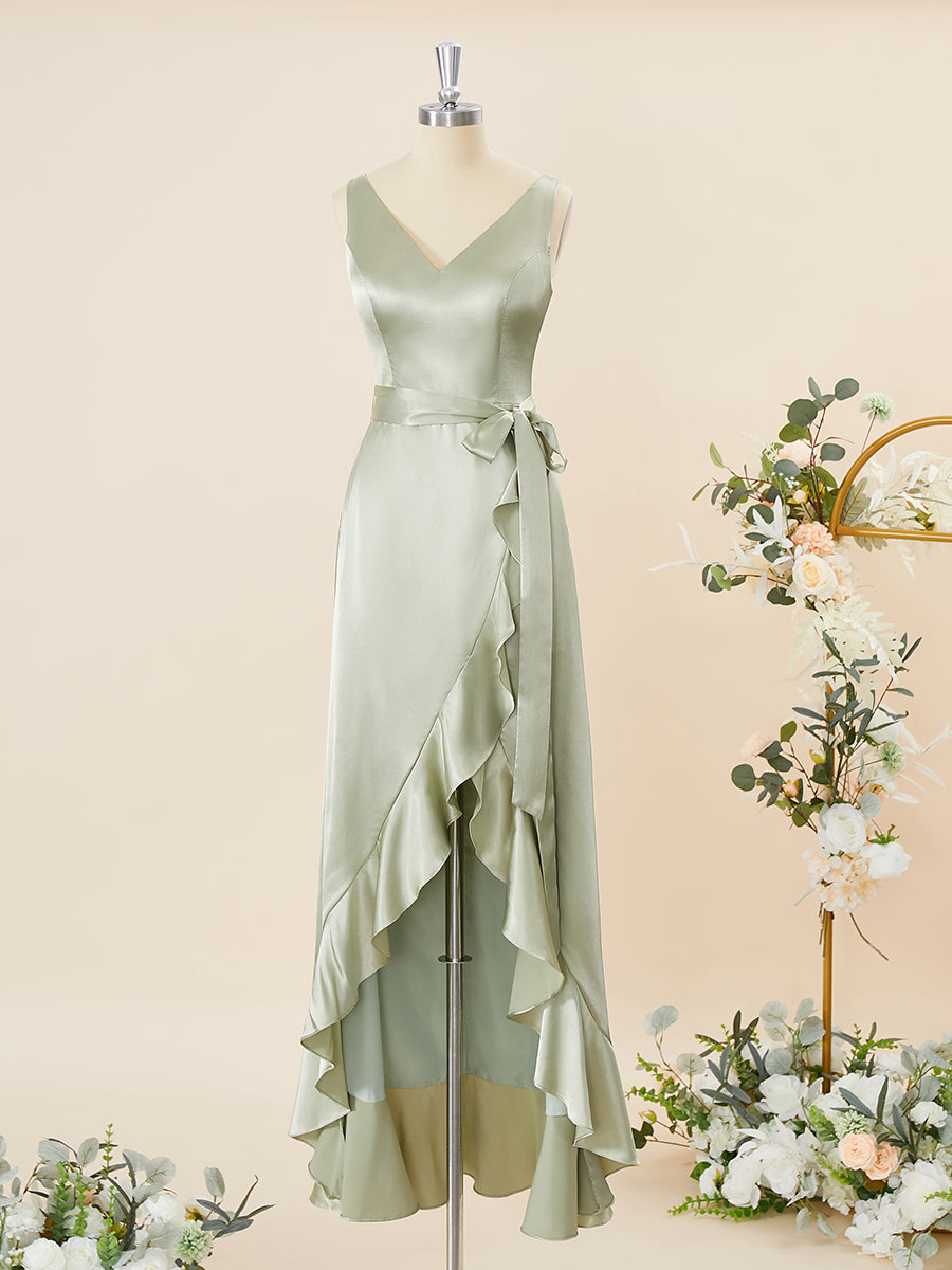 A-line Silk Like Satin V-neck Ruffles Asymmetrical Corset Bridesmaid Dress outfit, Emerald Green Prom Dress