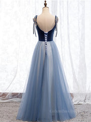 A Line Sleeveless Floor Length Blue Corset Prom Dresses, Blue Long Corset Formal Corset Bridesmaid Evening Dresses outfit, Party Dress Reception Wedding