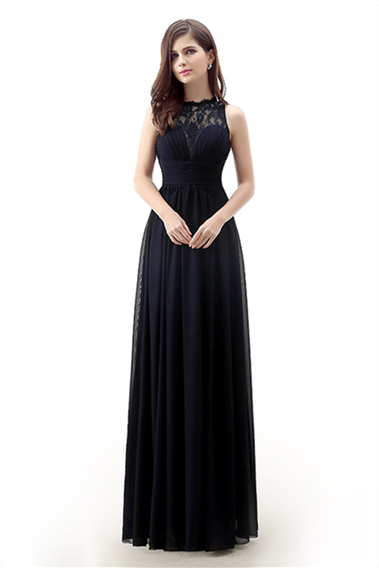 A Line Sleeveless Lace Chiffon Long Black Corset Prom Dresses outfit, Casual Dress