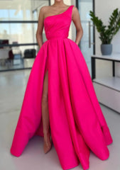 A-line Sleeveless One-Shoulder Long/Floor-Length Satin Corset Prom Dress With Split Ruffles Pockets Gowns, Bridesmaid Dresses Mismatched Spring Wedding Colors