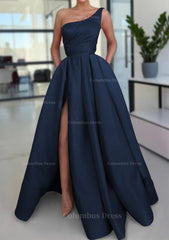 A-line Sleeveless One-Shoulder Long/Floor-Length Satin Corset Prom Dress With Split Ruffles Pockets Gowns, Bridesmaid Dresses Mismatched Spring Colors