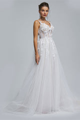 A-Line Spaghetti Strap Sweetheart Tulle Applique Floor-Length Sleeveless Corset Wedding Dresses outfit, Wedding Dresses Sales