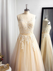 A-line Spaghetti Straps Appliques Lace Floor-Length Tulle Dress outfit, Bridesmaid Dresses 2040