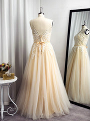 A-line Spaghetti Straps Appliques Lace Floor-Length Tulle Dress outfit, Bridesmaid Dress Sale