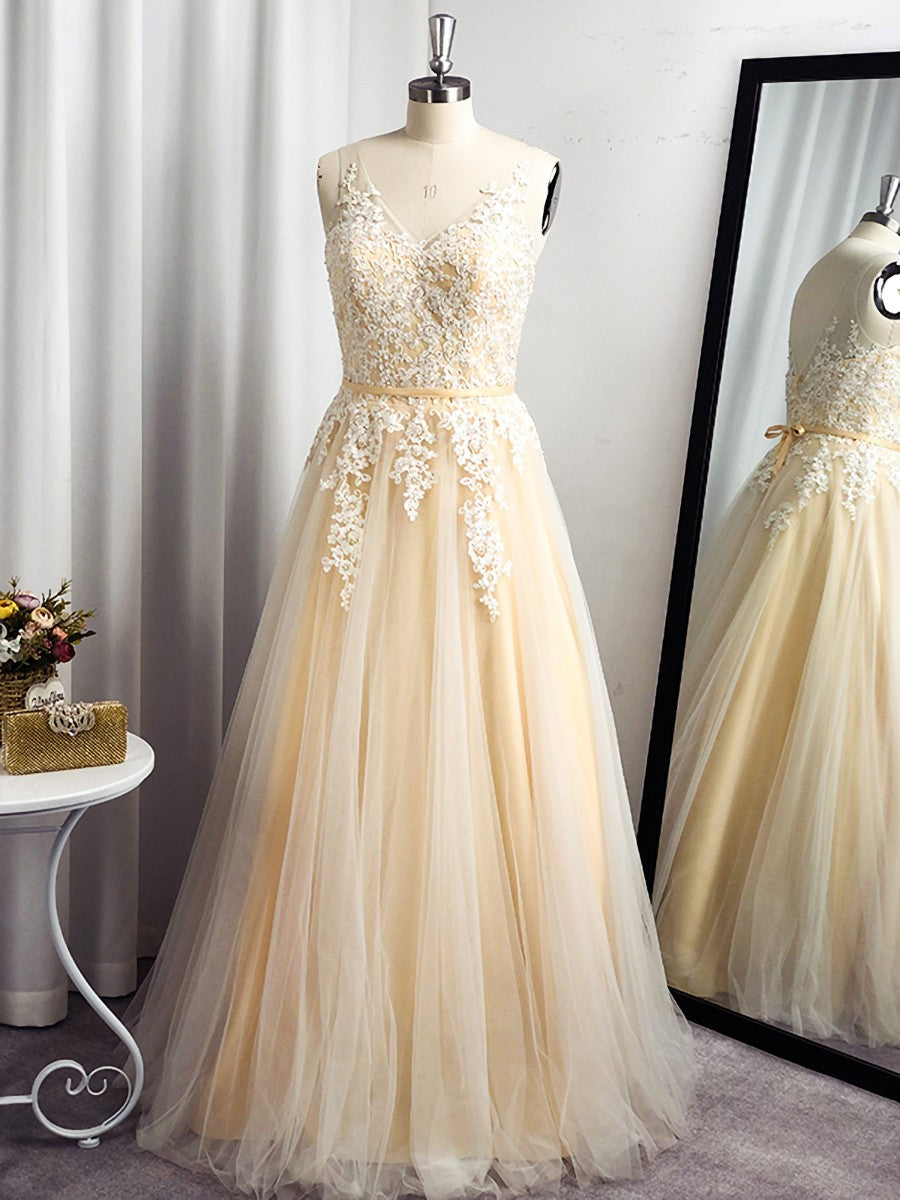 A-line Spaghetti Straps Appliques Lace Floor-Length Tulle Dress outfit, Bridesmaid Dresses Green