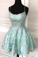 A-Line Spaghetti Straps Backless Mint Green Lace Short Corset Prom Dress, Backless Mint Green Lace Corset Formal Graduation Corset Homecoming Dress outfit, Emerald Green Prom Dress