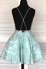 A-Line Spaghetti Straps Backless Mint Green Lace Short Corset Prom Dress, Backless Mint Green Lace Corset Formal Graduation Corset Homecoming Dress outfit, Fairy Dress