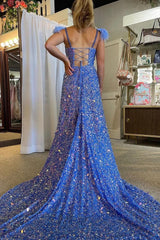 A Line Spaghetti Straps Blue Sequins Long Corset Prom Dress with Feathers outfit, A Line Spaghetti Straps Blue Sequins Long Prom Dress with Feathers