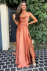 A Line Spaghetti Straps Blush Long Corset Prom Dress with Split Front Gowns, A Line Spaghetti Straps Blush Long Prom Dress with Split Front