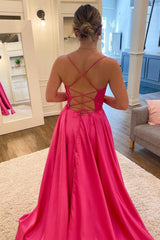 A Line Spaghetti Straps Hot Pink Long Corset Prom Dress with Split Front Gowns, A Line Spaghetti Straps Hot Pink Long Prom Dress with Split Front