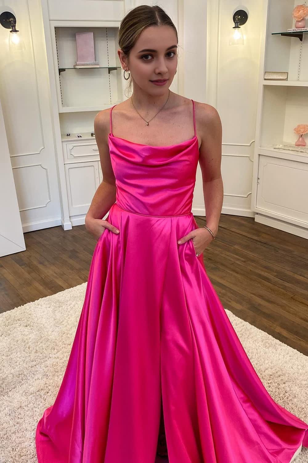 A Line Spaghetti Straps Hot Pink Long Corset Prom Dress with Split Front Gowns, A Line Spaghetti Straps Hot Pink Long Prom Dress with Split Front