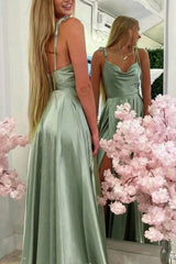 A Line Spaghetti Straps Light Green Long Corset Prom Dress with Silt Gowns, A Line Spaghetti Straps Light Green Long Prom Dress with Silt