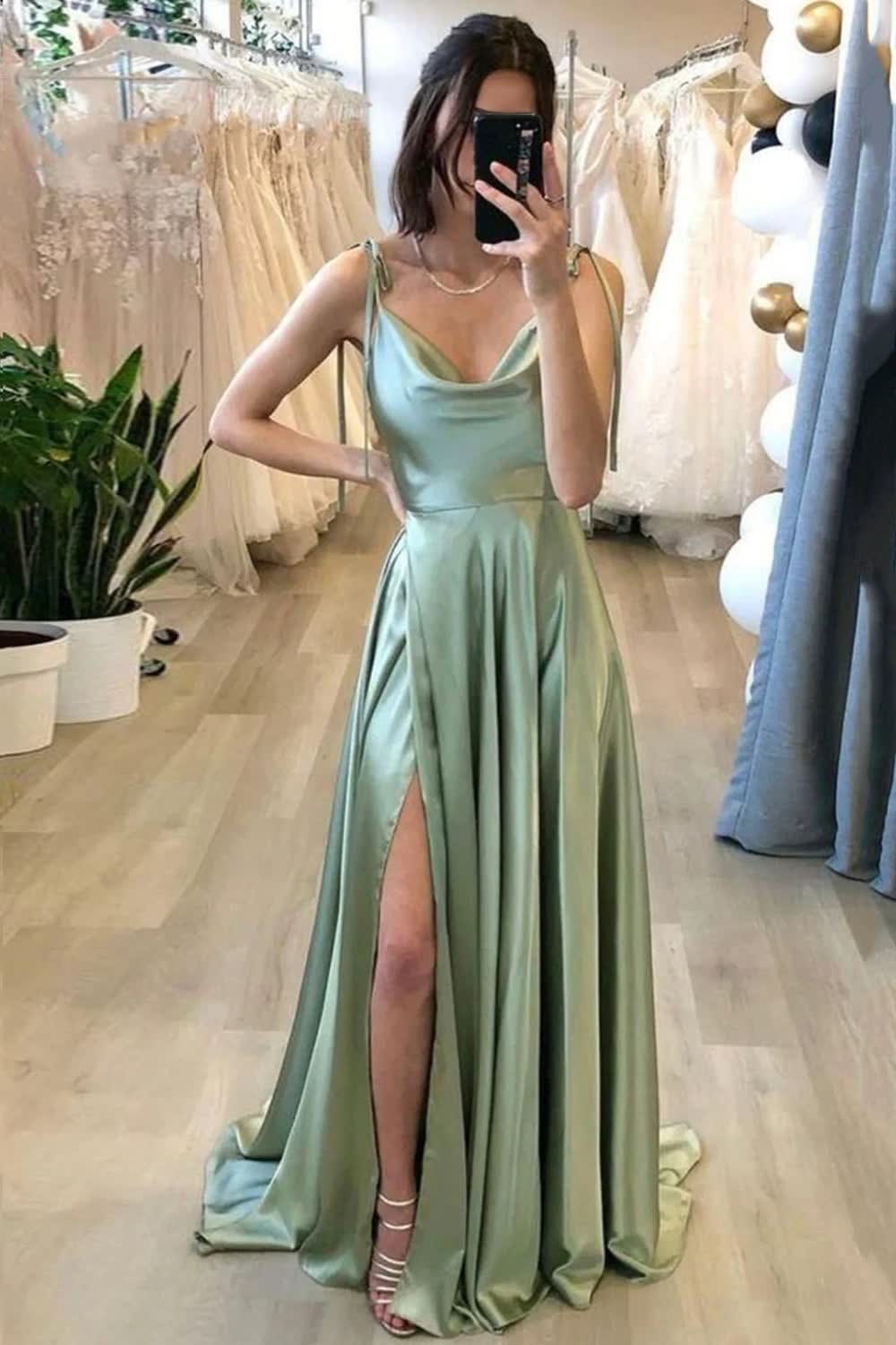 A Line Spaghetti Straps Light Green Long Corset Prom Dress with Silt Gowns, A Line Spaghetti Straps Light Green Long Prom Dress with Silt