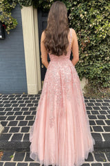 A Line Spaghetti Straps Light Pink Long Corset Prom Dress with Appliques Gowns, A Line Spaghetti Straps Light Pink Long Prom Dress with Appliques