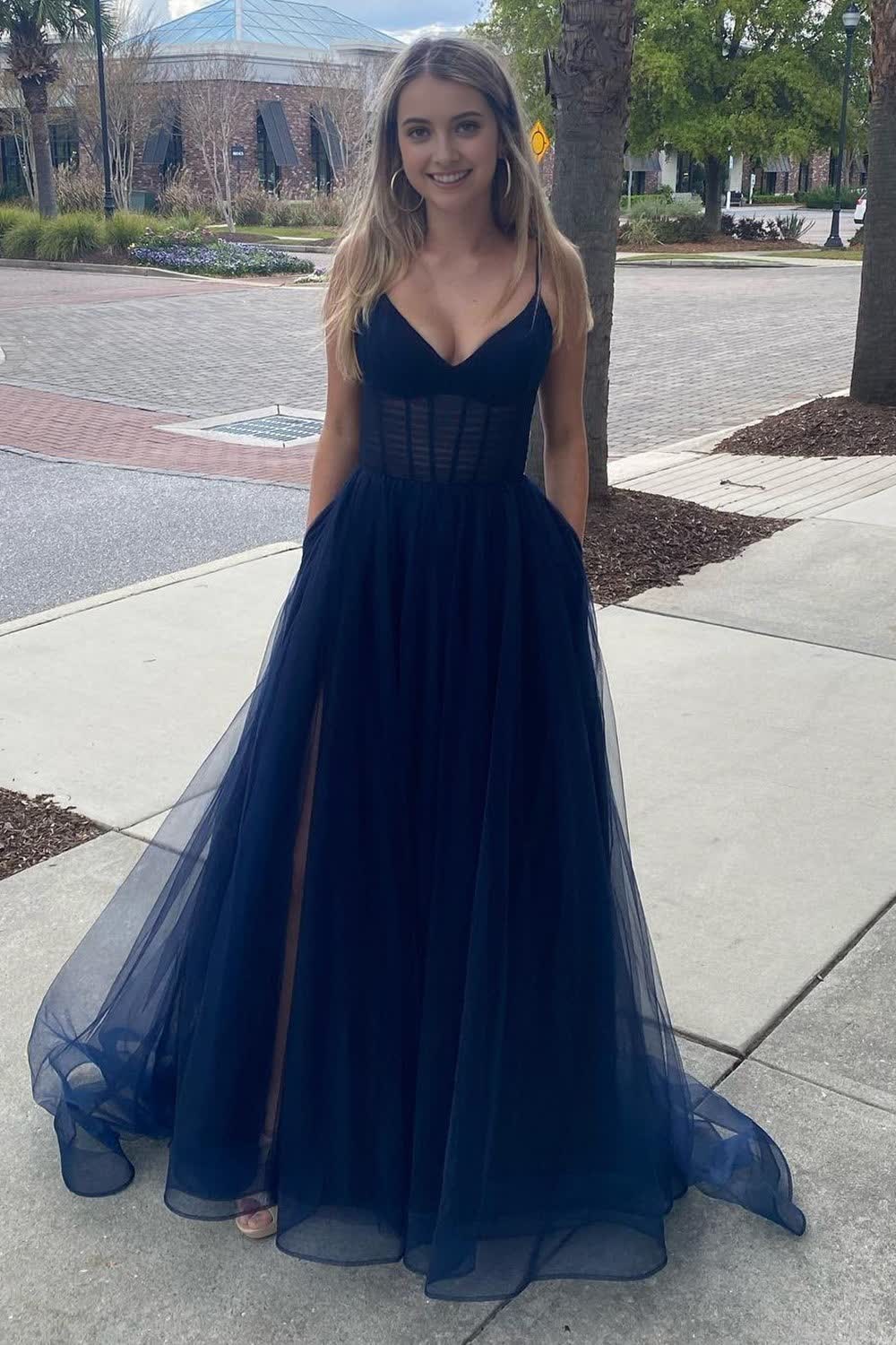 A Line Spaghetti Straps Navy Long Corset Prom Dress outfits, A Line Spaghetti Straps Navy Long Prom Dress