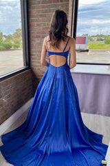 A-Line Spaghetti Straps Royal Blue Long Corset Prom Dress with Beading outfit, A-Line Spaghetti Straps Royal Blue Long Prom Dress with Beading
