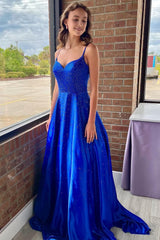 A-Line Spaghetti Straps Royal Blue Long Corset Prom Dress with Beading outfit, A-Line Spaghetti Straps Royal Blue Long Prom Dress with Beading