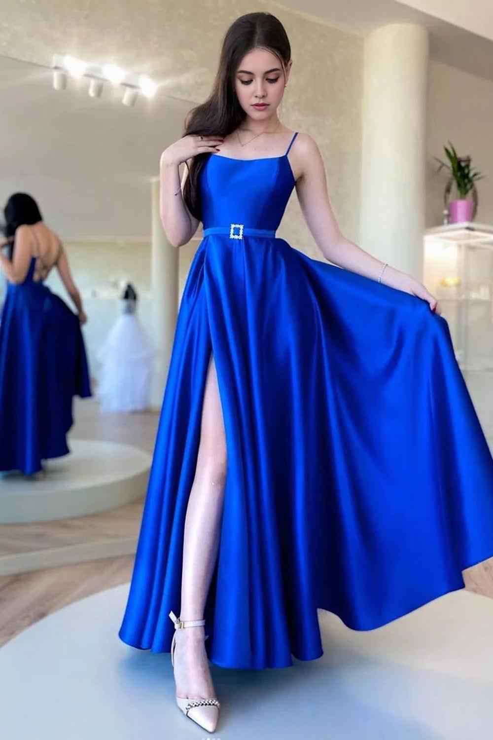 A Line Spaghetti Straps Royal Blue Long Corset Prom Dress with Split Front Gowns, A Line Spaghetti Straps Royal Blue Long Prom Dress with Split Front