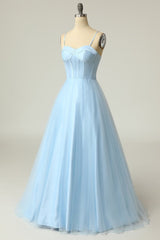 A Line Spaghetti Straps Sky Blue Long Corset Prom Dress outfits, A Line Spaghetti Straps Sky Blue Long Prom Dress