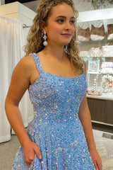 A Line Square Neck Light Blue Sequins Long Corset Prom Dress outfits, A Line Square Neck Light Blue Sequins Long Prom Dress