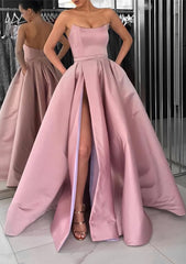 A-line Square Neckline Long/Floor-Length Satin Corset Prom Dress With Pockets Split Gowns, Formal Dress Inspo