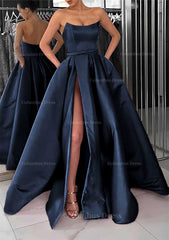 A-line Square Neckline Long/Floor-Length Satin Corset Prom Dress With Pockets Split Gowns, Formal Dresses Graduation