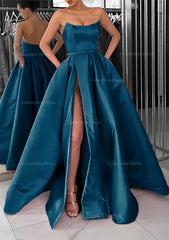 A-line Square Neckline Long/Floor-Length Satin Corset Prom Dress With Pockets Split Gowns, Formal Dresses And Evening Gowns